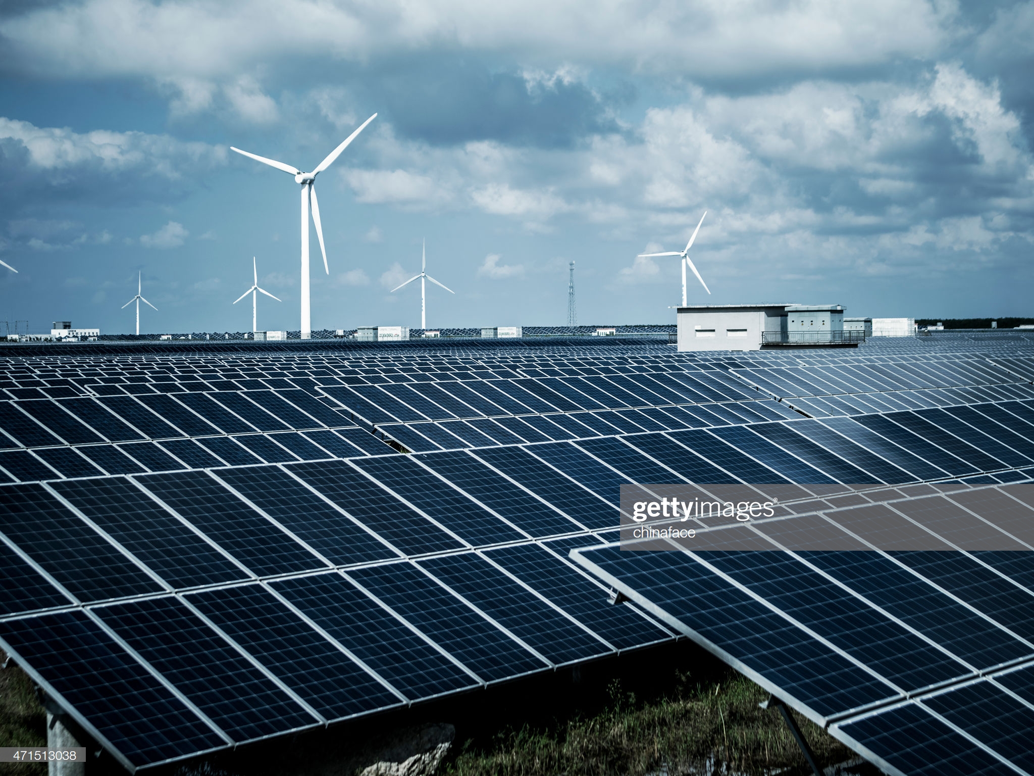 solar energy panels and wind turbines at shanghai china..